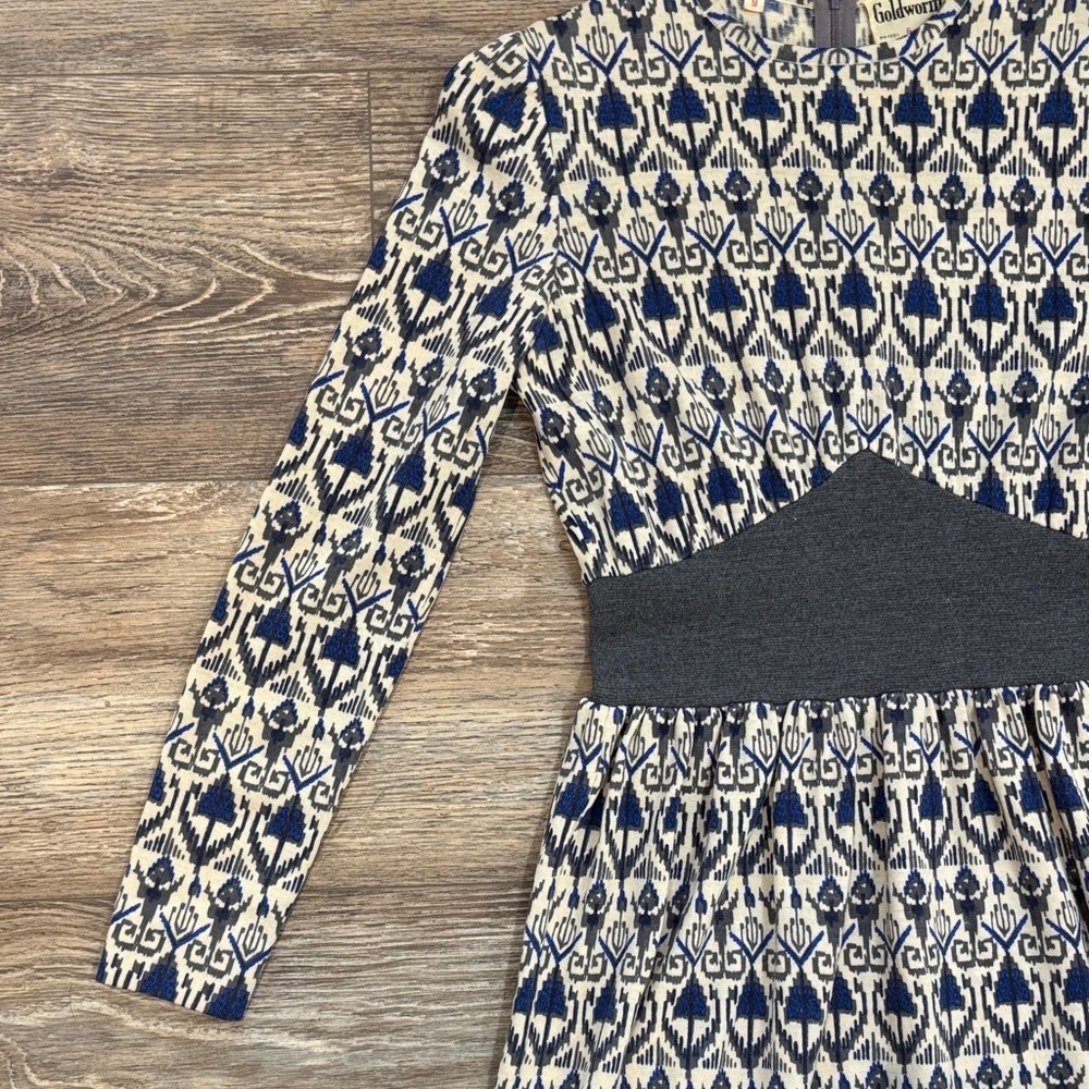 Vintage Goldworm Virgin Merino Wool Blue and Cream Patterned Dress Made In Italy - Picture 4 of 15
